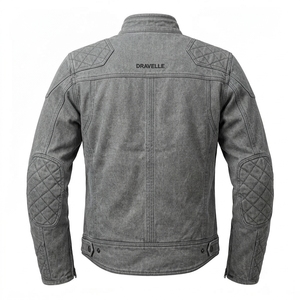 Chaqueta de motociclista para hombre, estilo Café Racer, de mezclilla gris lavada, vintage, con parches acolchados en los codos, cuello alto y cremallera. - Product Image 2