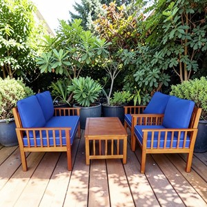 <b>Garden</b> Set 4 Seater Modern Design Outdoor Furniture with Blue Cushions Weather Resistant Solid Wood Frame - Product Image 3