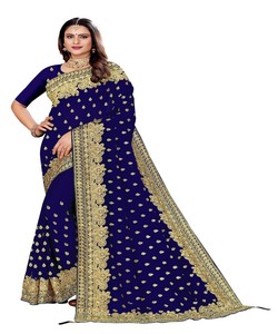 Sari de seda azul real con bordado dorado para bodas indias, ropa de fiesta para mujer, sari étnico tradicional, listo para enviar - Product Image 1