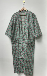 Women's Handmade Cotton Floral V-neck <b>Kimono</b> Robe Long Sleeve <b>Belted</b> Eco-Friendly Breathable Pockets Summer Sleepwear Resort - Product Image 2