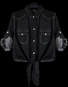 Camisa Vaquera de Mujer de Primera Calidad en Oferta, con Cuello Cruzado y Botones al Frente, Manga Tres Cuartos, con Contraste 2026 - Product Image 4