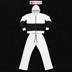 Men's <b>White</b> Black Color Blocking Hooded Tracksuit Full Zipper Casual <b>Sweatshirt</b> And Pants Set Breathable 100% Cotton Autumn Wear - Product Image 5