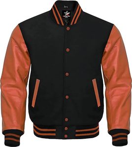 Blouson universitaire homme en cuir véritable, color block rouge et jaune, décontracté, fermeture éclair, col rabattable, coupe droite, pour l'automne - Product Image 4