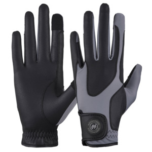 Guantes profesionales de equitación con diseño negro y gris, correa para la muñeca para un ajuste personalizado, parche con logo circular en la muñeca. - Product Image 1