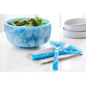Juego de Ensaladera de Resina Azul Marmoleada con Utensilios para Servir, Decoración Artística para el Hogar, Forma Redonda - Product Image 1