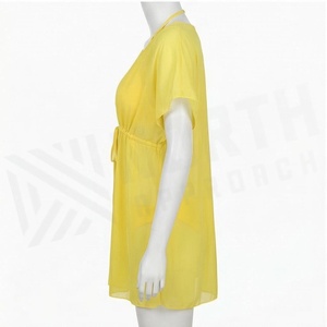 Women Yellow Chiffon Swimdress Deep V Neck Drawstring Hollow Out Regular Fit Solid Color Beachwear - Product Image 3