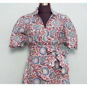 Vestido Midi de Algodón Tejido Estilo Bohemio Ecológico, Cuello en V, Manga Corta, Detalle de Botones, Silueta en A - Product Image 4