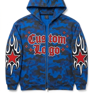 Sudadera con capucha de forro polar oversize para hombre, azul camuflaje, con cremallera frontal, estilo urbano, estampado moderno, informal, de invierno, poliéster/algodón, 420 g - Product Image 2