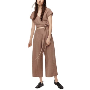 Mono de crepé marrón sin mangas con cuello en V para mujer, con cinturón, ajuste holgado, largo a media pantorrilla, estilo casual, para primavera y verano, conjunto de una pieza. - Product Image 1