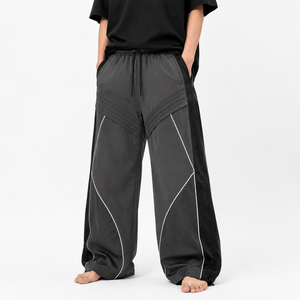 Streetwear Casual Lightweight Wide Leg <b>Track</b> Pants Men Contrast Panel Windbreaker Elastic Waist Loose Fit Outdoor Sport <b>Trousers</b> - Product Image 3