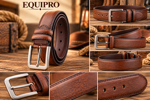 Cinturón de Cuero Genuino de Vaca Marrón Vintage para Hombre Equipro, Transpirable, con Hebilla Rectangular Plateada a Rayas, Estilo Casual - Product Image 3