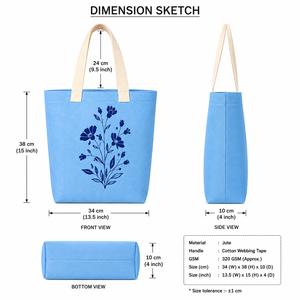 Sac fourre-tout en jute bleu 34x38x10 cm avec poignée en sangle de coton, imprimé floral, réutilisable, fermeture ouverte, pour la plage, le quotidien, les voyages et le shopping - Product Image 2