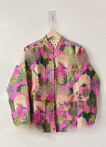 Premium Artisanal Indian Silk Screen Printed Knitted Cotton <b>Quilted</b> <b>Jacket</b> Women Luxury Kantha Work Floral <b>Pattern</b> Winter - Product Image 3