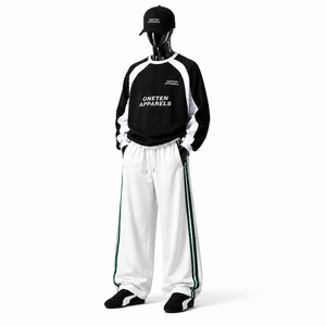 ONETEN APPARELS Men's Black <b>White</b> Windproof Printed Raglan Sleeve <b>Sweatshirt</b> Set Full Length Drawstring Pants Loose Fit - Product Image 1