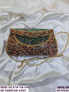 Handmade Stone Chip Embellished Craftstages International Clutch Purse Metal Chain | Designer Evening <b>Wedding</b> Party <b>Handbag</b> - Product Image 2