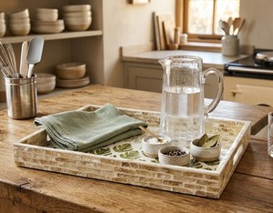 Handcrafted <b>Rectangle</b> Mother of Pearl Decorative Serving Tray with Handle for <b>Coffee</b> <b>Table</b>, Ottoman & Home Decor from Vietnam - Product Image 6