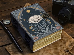 Herb Heritage Large Grimoire Floral Blue Leather Handmade <b>Journal</b> Flower Celestial Blank Spell <b>Book</b> Shadows Old Vintage Page - Product Image 3