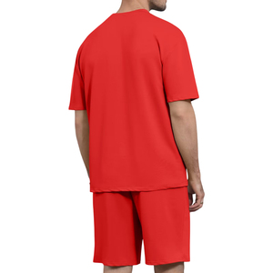 Men's Red Solid Color V-neck Plus Size Heat-Transfer Printed T-Shirt and Shorts <b>Set</b> Casual Summer <b>Knitted</b> Cotton 2-Piece Outfit - Product Image 2