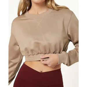 Women Crew Neck <b>Crop</b> <b>Top</b> Full Sleeve Loose Fit Solid Color 100% Cotton Breathable Casual Autumn Wear - Product Image 1