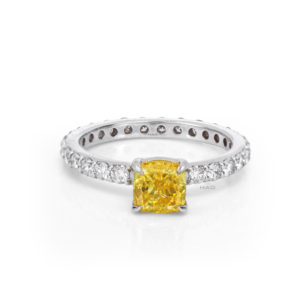 Bague de fiançailles solitaire en diamant jaune de laboratoire taille coussin, avec bande pavée en or blanc, bijou fin pour promesse ou mariage, cadeau - Product Image 6