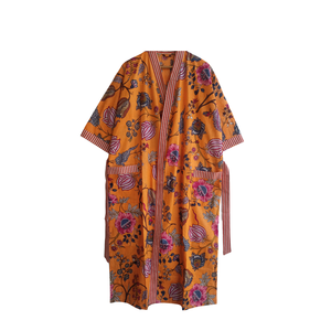 Bata Kimono de Algodón con Estampado Floral Naranja Hecha a Mano, Cuello en V, Mangas Largas, Ribete en Contraste, 2 Bolsillos, Cordón Ajustable, Largo, para el Hogar - Product Image 1