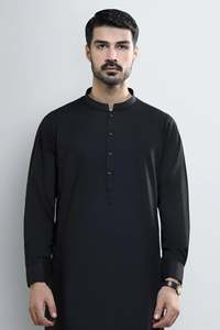 Men's <b>Black</b> Cotton Kurta <b>Pajama</b> <b>Set</b> Knee-Length Regular Fit Traditional Casual Wear India Pakistan Style Wrinkle Free Breathable - Product Image 4