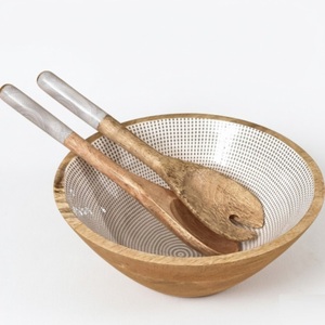 Handmade Wood Salad Bowl Set with Matching Servers Round Floral Enamel Interior Serving Bowl for Fruit & Pasta <b>Kitchen</b> Decor - Product Image 2