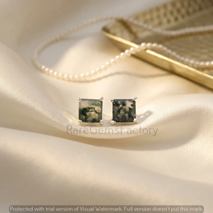 Elegant Green Moss Agate Stud Earrings Natural Square Gemstone <b>Jewelry</b> Sterling Silver Earrings for Women Nature <b>Inspired</b> Gift - Product Image 3