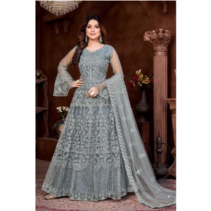 Costume Anarkali semi-couture de luxe pour femme en georgette, manches 3/4, à prix réduit pour les occasions de fête et de mariage - Product Image 1