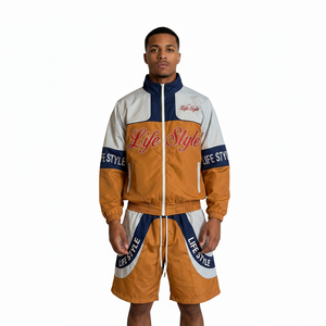 Unisex Color Blocking Tracksuit Set Short Sleeve Hooded Casual Knee Length Sporty Style 100% Nylon Breathable <b>Summer</b> Wear - Product Image 2