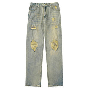 Nouveau jean en denim délavé à l'acide pour homme, coupe droite double, effet usé, style streetwear d'été, fabriqué sur mesure - Product Image 1