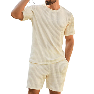 Ensemble T-shirt et short en maille gaufrée pour homme, col rond, couleur unie, respirant, décontracté, 100% coton, tenue deux pièces - Product Image 5