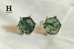 Luxury Hexagon Moss Agate <b>Stud</b> <b>Earrings</b>, Natural Gemstone Ear <b>Studs</b> in 14K Gold, Unique Minimalist Jewelry for Women and Gifts - Product Image 5