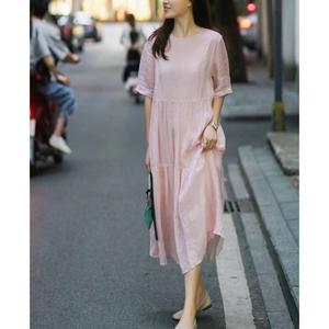 Bohemian Pink Cotton Linen Midi <b>Dress</b> With O-Neck <b>Loose</b> Fit Short Sleeve Summer Casual Women's Maxi <b>Dress</b> - Product Image 5