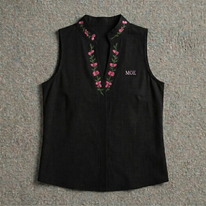Blusa sin mangas bordada para mujer, camisa floral con cuello en V, top informal de gran venta con logo personalizado, ropa de boutique con cuello mandarín - Product Image 3