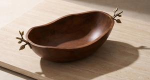 Heavy Duty Walnut Finished Mango Wood Serving Bowl Organic Centerpiece with Sculpted <b>Twig</b> Handles - Product Image 4