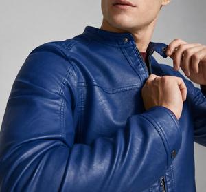 Blouson moto unisexe en cuir PU bleu, col rabattable, fermeture éclair, coupe ajustée, manches classiques, couleur unie, vêtement d'hiver, séchage rapide - Product Image 4