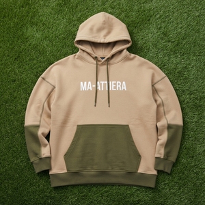 Sudadera con Capucha Oversize de Felpa para Mujer, Color Beige Oliva con Bloques de Color, Bolsillo Canguro, Estilo Casual Urbano - Product Image 5