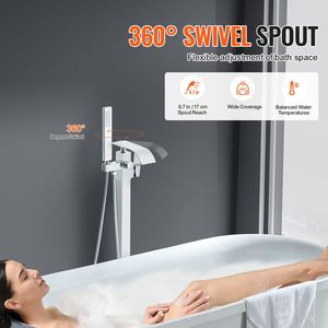 Rubinetto per vasca da bagno freestanding con doccia a pioggia, miscelatore a pavimento, rubinetto di riempimento vasca, rubinetteria con beccuccio girevole a 360 gradi e due modalità di getto d'acqua - Product Image 5