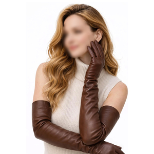 Chocolate Brown <b>Long</b> Leather Women's Wrist Length Winter Warm Soft Breathable Outdoor Party <b>Gloves</b> - Product Image 1