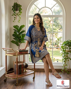 Vestido Kaftán Largo de Rayón Estampado Azul para Mujer, Estilo Bohemio, Corte Holgado, Moda de Verano, Marca HitJem Export Premium - Product Image 1