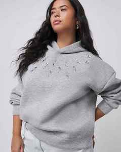 Women's Grey <b>Funky</b> Customized Washed Cotton Blend Hooded Sweatshirt Solid Color Long Sleeve With Pockets Casual Autumn Fit - Product Image 1