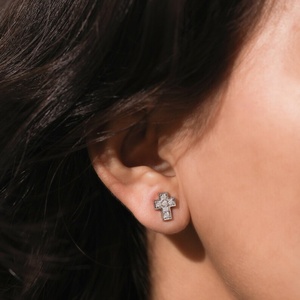 High Demand Jesus Cross Round 14k 18k Solid Gold Lab Diamond Stud Earrings Fine Jewelry Earring Available in Bulk Quantity Price - Product Image 1