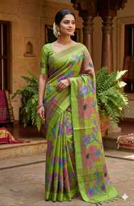 Sari de Seda Verde con Estampado Digital y Diseño Floral para Mujer, Ropa Tradicional para Bodas, Estilo India-Pakistán - Product Image 1