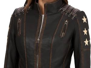 Blouson en cuir marron et noir vieilli pour femme avec étoiles, style vintage moto, à lacets, veste de motard zippée, haut tendance pour femme - Product Image 3