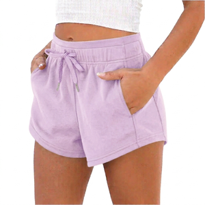 Shorts tendance pour femmes, rose, taille haute, avec cordon de serrage, poches, coupe ample décontractée, tricoté, 100% coton, shorts pour femmes - Product Image 6