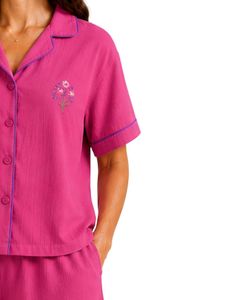 Customized Fuchsia Pink Women Pajama Set Short Sleeve Button <b>Down</b> Nightwear Soft Breathable Summer Sleepwear Casual Lounge Set - Product Image 4