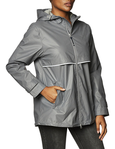 Veste de randonnée imperméable grise pour femme, à capuche, manches longues, coupe classique, longueur normale, fermeture éclair, décoration à lignes brillantes - Product Image 2