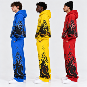 Ensemble survêtement homme imprimé flamme à capuche, coupe ample, streetwear, avec sweat-shirt et pantalon à poches latérales et fermeture éclair - Product Image 3