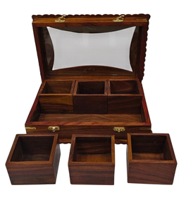 Boîte à épices en bois artisanale avec couvercle en verre incrusté de motifs floraux, détail en laiton, style Masala Dabba indien, organisateur de rangement pour épices de cuisine - Product Image 3